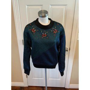 Three Floor Shimmering Green & Blue Jeweled & Spiked Sweater, Size 10